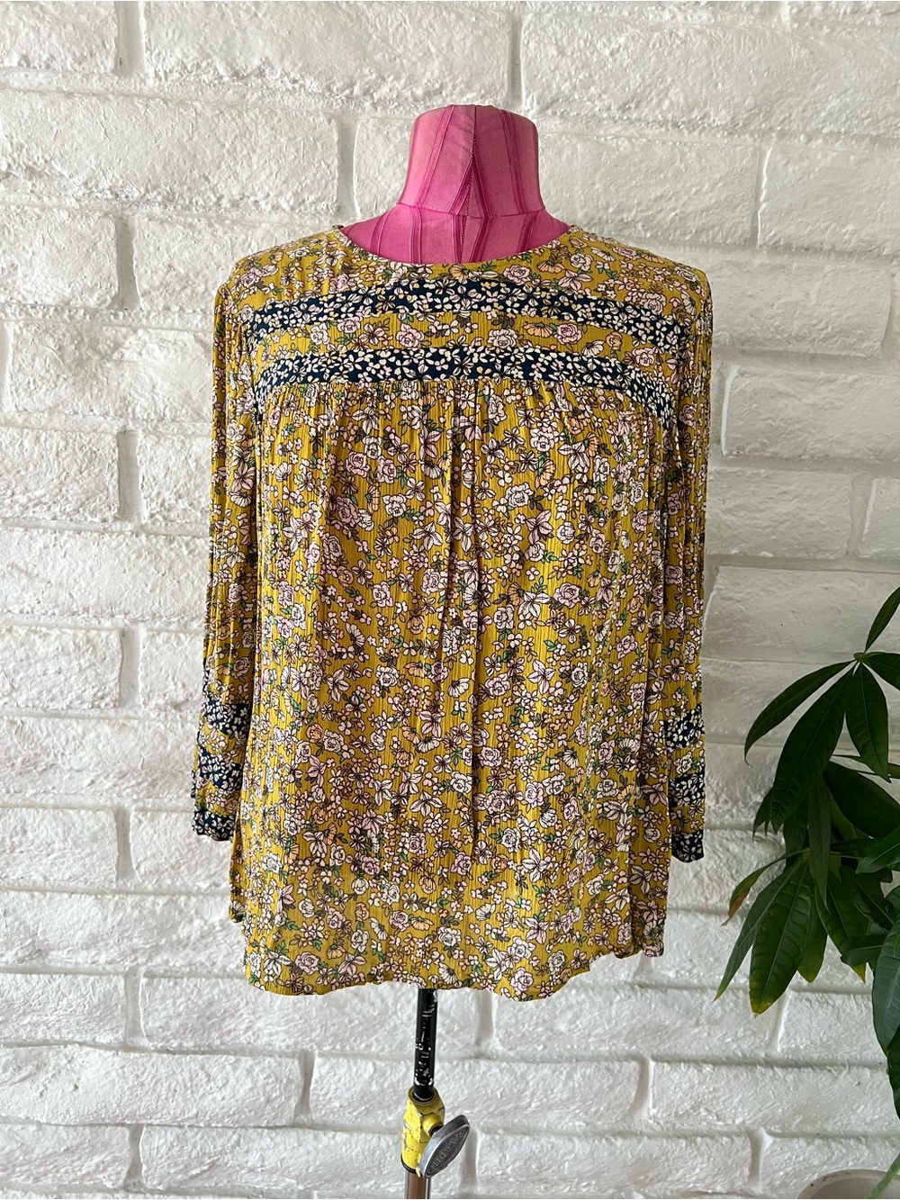J Jill Mustard Floral Tassel-Yoke Top